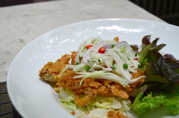  Thai style food, deep fried soft shell crab with spicy sauce