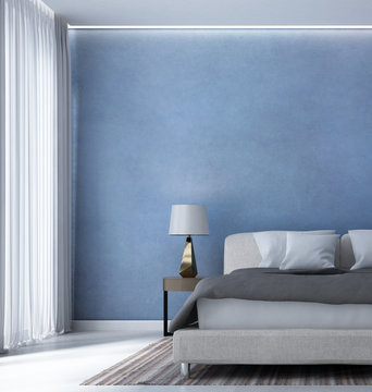 The 3d rendering interior design of minimal bedroom and blue wall texture