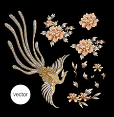 Obraz premium Beautiful golden bird and flowers embroidery. Japanese embroidery for clothers.
