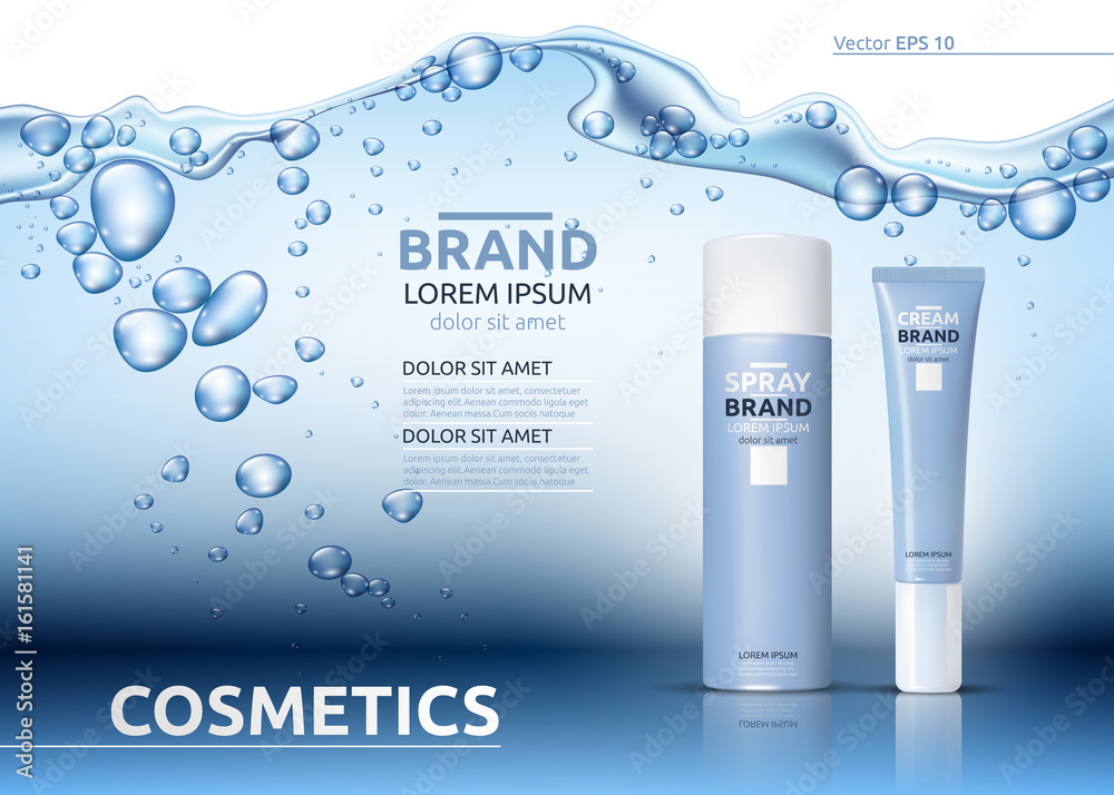 Wall mural aqua moisturizing cosmetic ads template. hydrating facial or body lotion. mockup 3d realistic illust