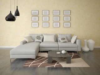 Mock up a modern living room with a comfortable corner sofa on the background of decorative plaster.