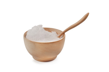 Salt in the wood cup on white background