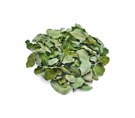 pile of dry moringa leaves isolated on white background