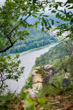 Bastei to river Elbe and Rathen, Saxon Switzerland, Germany - Die Bastei im Elbsandsteingebirge - Sächsische Schweiz