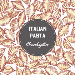 Hand drawn pattern with pasta conchiglie. Background for food package design