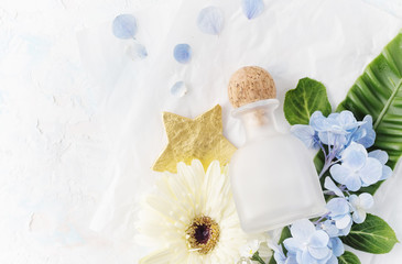 Dreamy flat lay background with summer flowers