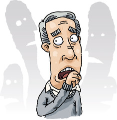 A cartoon man who is afraid of the shadow people surrounding him.
