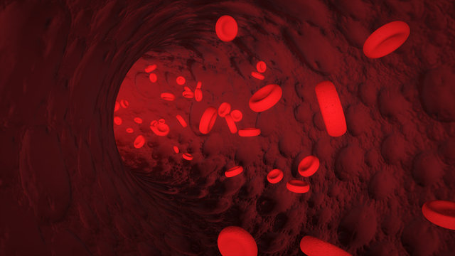 Red blood cells in bloodstream macro view. Medicine and biology scientific research 3d illustration.