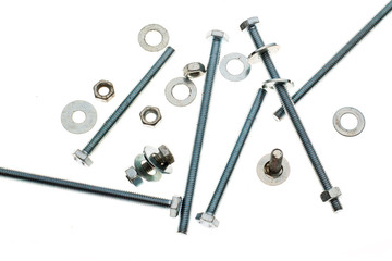 Nuts, washers, bolts isolated on white background