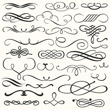  Set vector flourishes. Calligraphic and page decoration design elements. Swirl, scroll and divider.