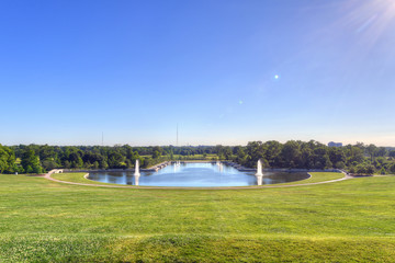 The view of the Grand Basin from Art Hill in Forest Park, St. Louis, Missouri.