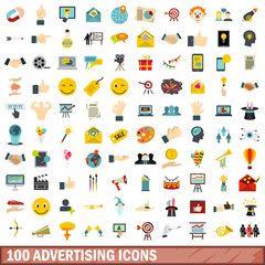100 advertising icons set, flat style