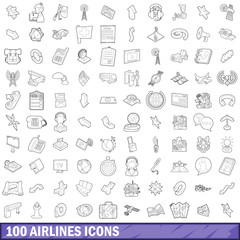 100 airlines icons set, outline style