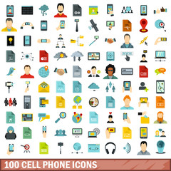 100 cell phone icons set, flat style