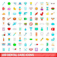 100 dental care icons set, cartoon style