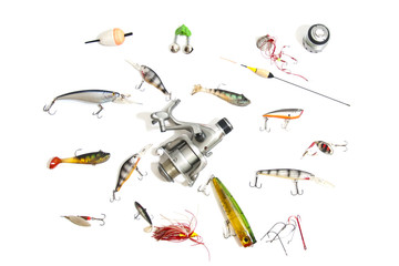 Big set fishing tackle, isolated on white.