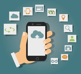 Concept of cloud services on mobile phone such as storage, computing, search, photo album, data exchange. 