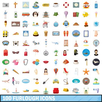 100 furlough icons set, cartoon style