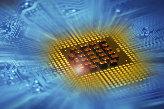 computer processors and blue electronic circuit with lighting effects postproduction, background.