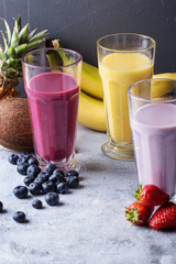 Berry, multifruit and banana milkshakes