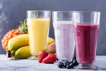 Berry, multifruit and banana milkshakes