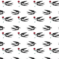 Pattern with swallows and a rose
