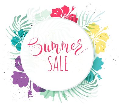 Summer sale Concept. Summer sale script. Summer background with tropical flowers. Template Vector illustration.