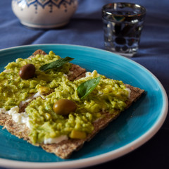 biscuits from whole wheat flour, tofu, avocado, vegan food