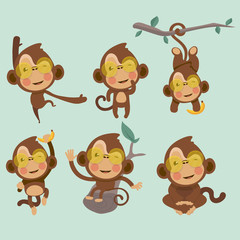 Set of cute funny monkeys in a cartoon style. 