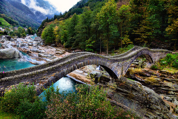 hiking Trail at the famous Roman Bridge called Ponte dei Salti in Lavertezzo,Verzasca