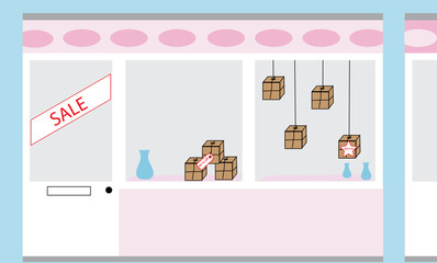pink and blue shop front showing window display with sale going on.