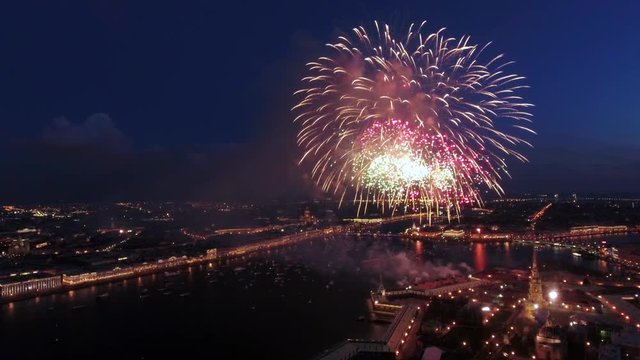 Amazing fireworks over Saint-Petersburg, Russia. Aerial drone footage
