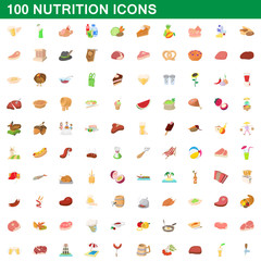 100 nutrition icons set, cartoon style