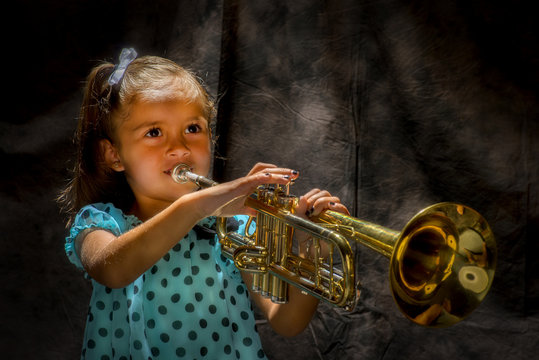 girl with horn in studio