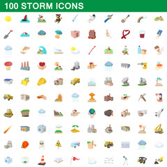 100 storm icons set, cartoon style