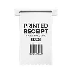 Printed Receipt Vector. Sales Shopping Realistic Paper Bill ATM Mockup. Paper Check Or Financial Check Isolated On White