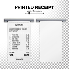 Printed Receipt Vector. Sales Shopping Realistic Paper Bill ATM Mockup. Cafe, Shopping Or Restaurant Paper Financial Check. Realistic Illustration. Transparent Background