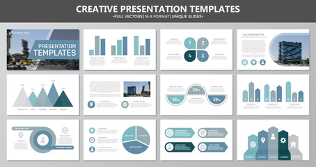 Set of blue and gray elements for multipurpose presentation template slides with graphs and charts. Leaflet, corporate report, marketing, advertising, annual report, book cover design.