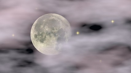 Illustration of a full moon floating in clouds and a starry sky