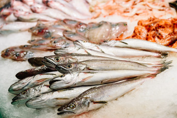 Fresh Fishes And Seafood On Ice In Fish Market