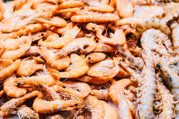 Fresh Fishes And Seafood On Ice In Fish Market