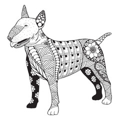 Bull terrier dog zentangle stylized, vector, illustration, freehand pencil, hand drawn, pattern. Zen art. Black and white illustration on white background.