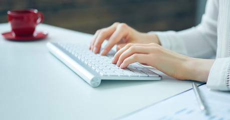 Fototapeta na wymiar Closeup picture of female hands typing on desktop computer keyboard. Concept of freelance work.