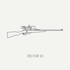 Line flat vector hunt and camping icon sniper rifle. Hunter equipment, armament. Retro cartoon style. Wildlife travel. Camouflage. Forest. Nature. Illustration and element for your design, wallpaper.