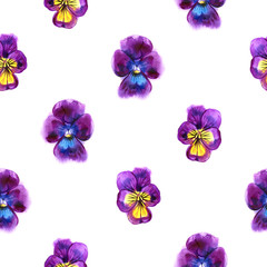 Fototapeta na wymiar Watercolor illustration of Violet flowers. Seamless pattern. Seamless background of beautiful pansy.
