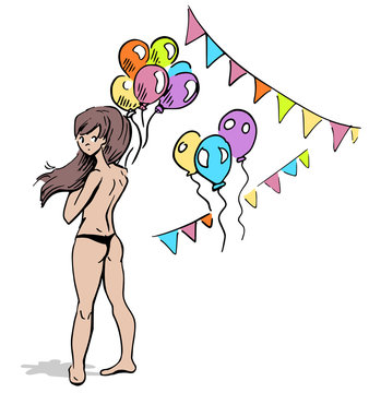 ingekleurde illustratie van meisje met ballonnen