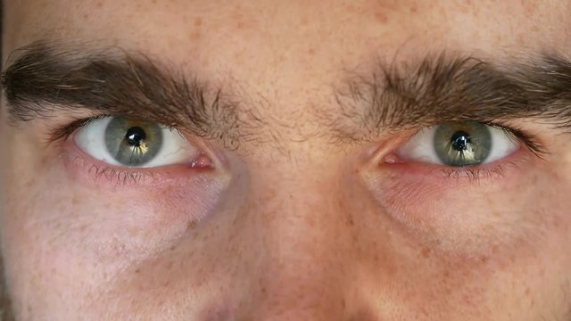 Male eyes and eyebrows. The man is angry, close-up.