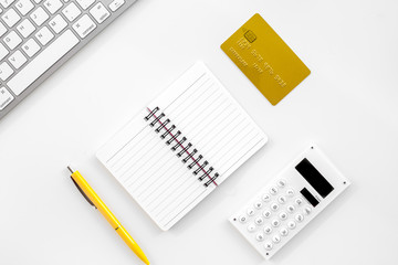 accountant or banker desk with calculator, keyboard and notebook white background top view mockup