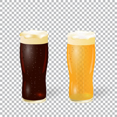 Festival of beer. Dark and light beer in a glass with foam isolated on a checker background with a shadow. illustration