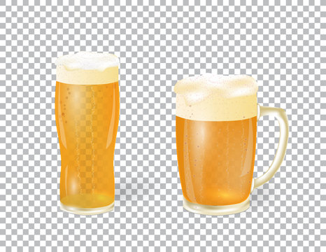 Festival of beer. A light beer in a mug and a glass with foam, isolated on a checker background. illustration